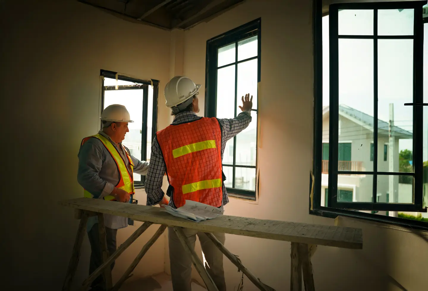 Two tradespeople in hard hats and hi-vis vests checking a new window on site
